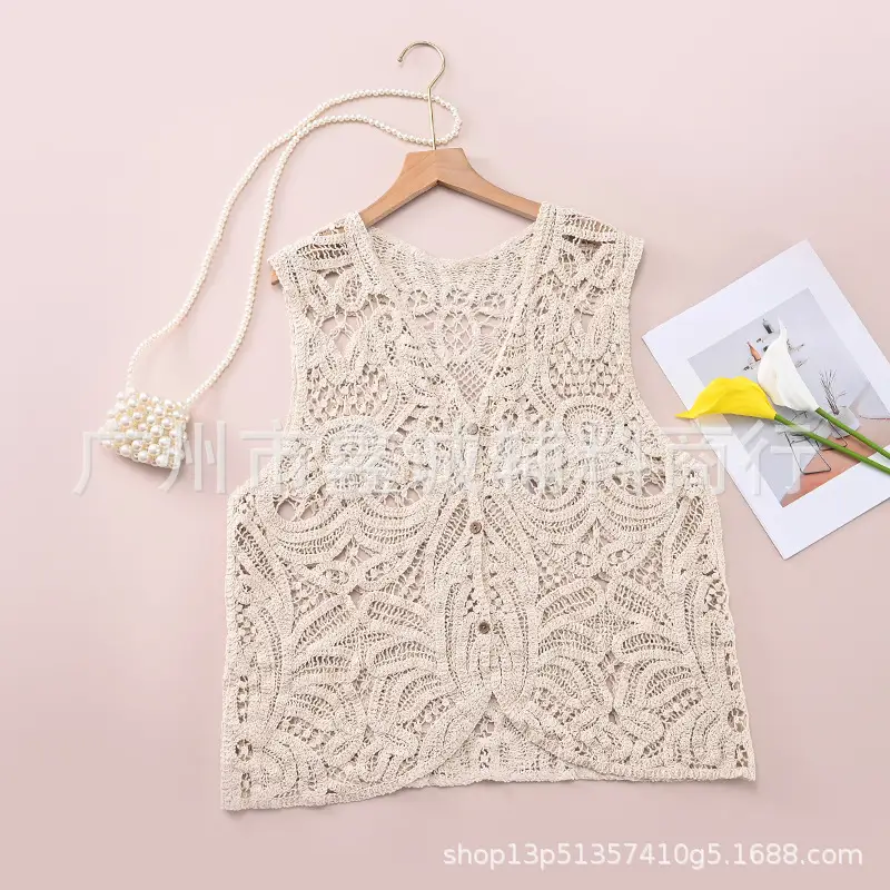 White Cotton Knitted V-neck Vest for Women - Image 33