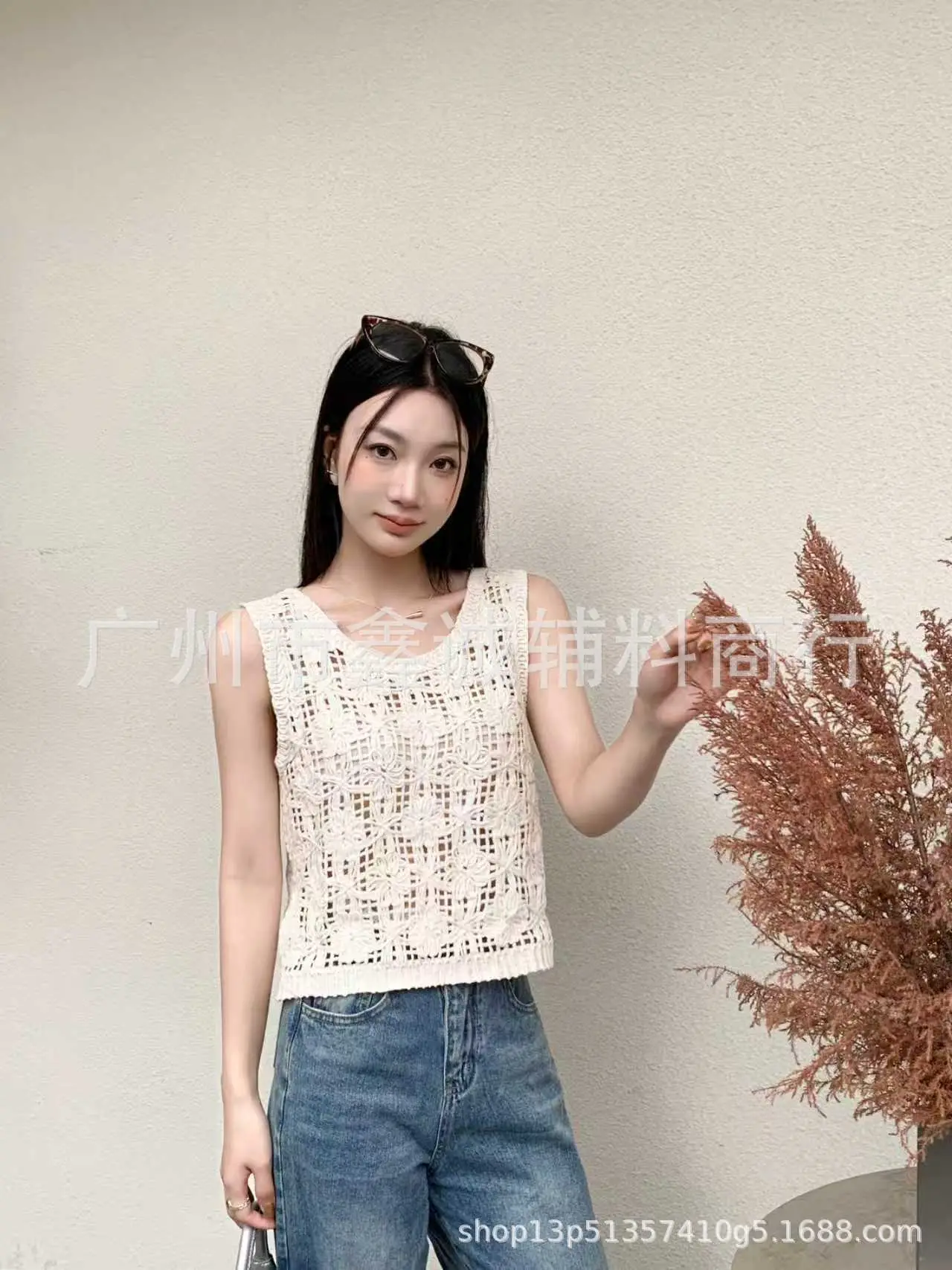 White Cotton Knitted V-neck Vest for Women - Image 34
