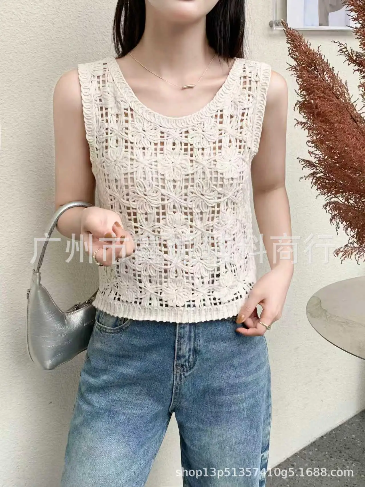 White Cotton Knitted V-neck Vest for Women - Image 35