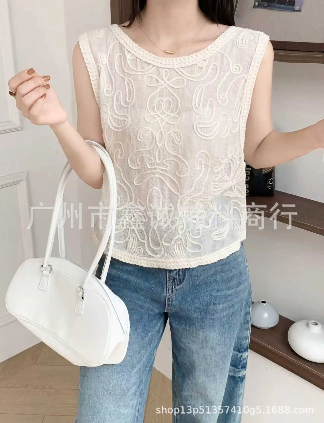 White Cotton Knitted V-neck Vest for Women - Image 36