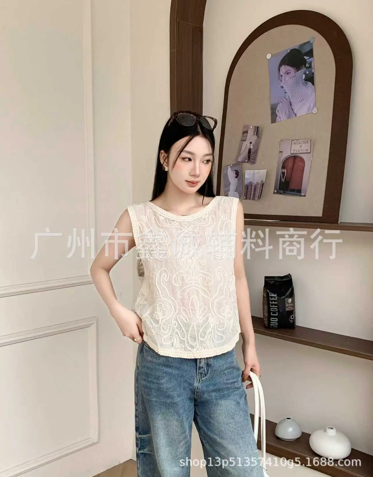 White Cotton Knitted V-neck Vest for Women - Image 37