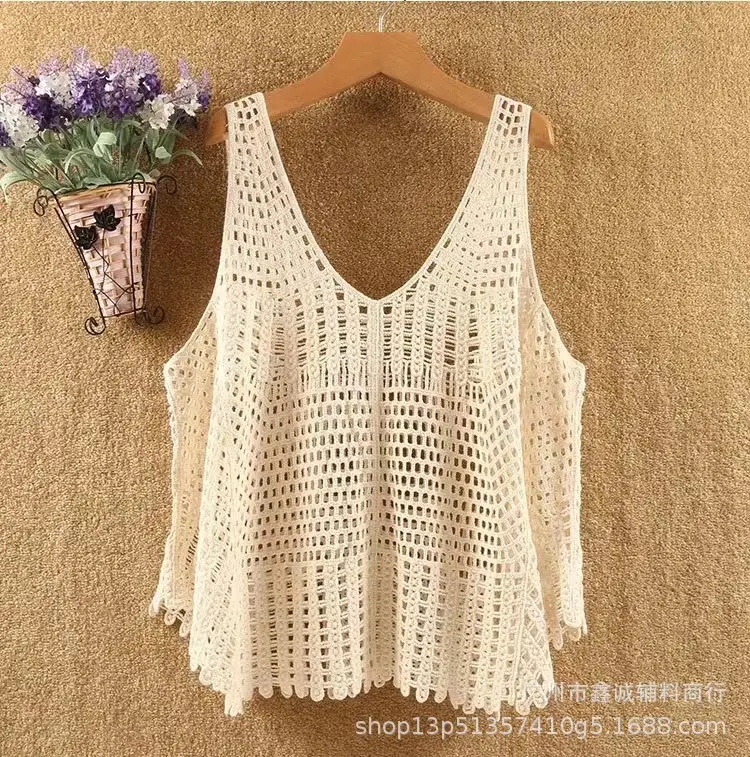 White Cotton Knitted V-neck Vest for Women - Image 4