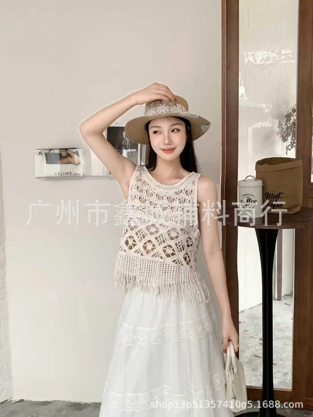 White Cotton Knitted V-neck Vest for Women - Image 39
