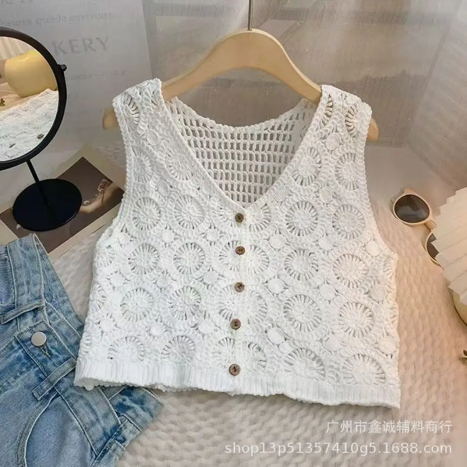 White Cotton Knitted V-neck Vest for Women - Image 5