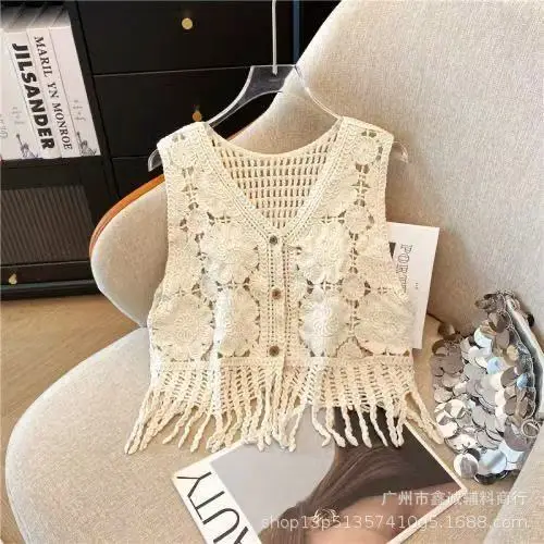 White Cotton Knitted V-neck Vest for Women - Image 8