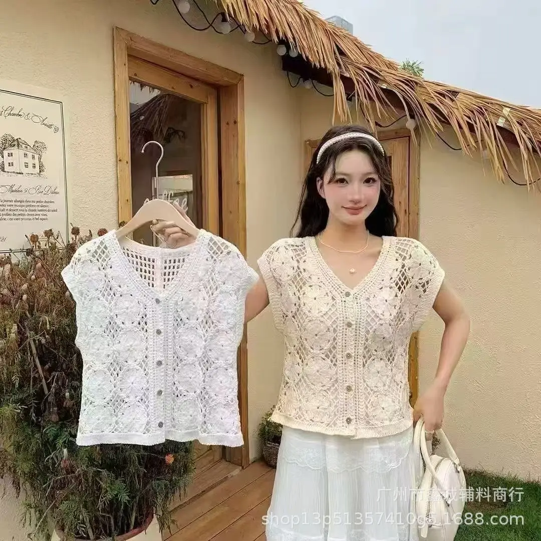 White Cotton Knitted V-neck Vest for Women - Image 9