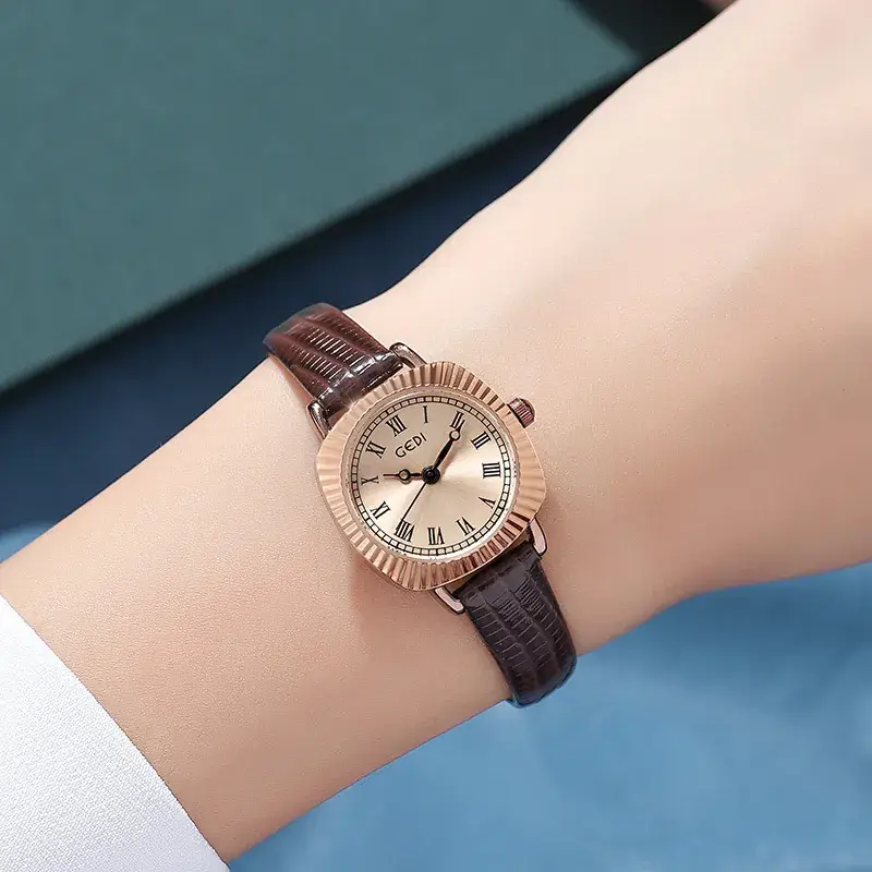 Gold Rose Gold Women's Quartz Watch with Brown Leather Strap - Image 8
