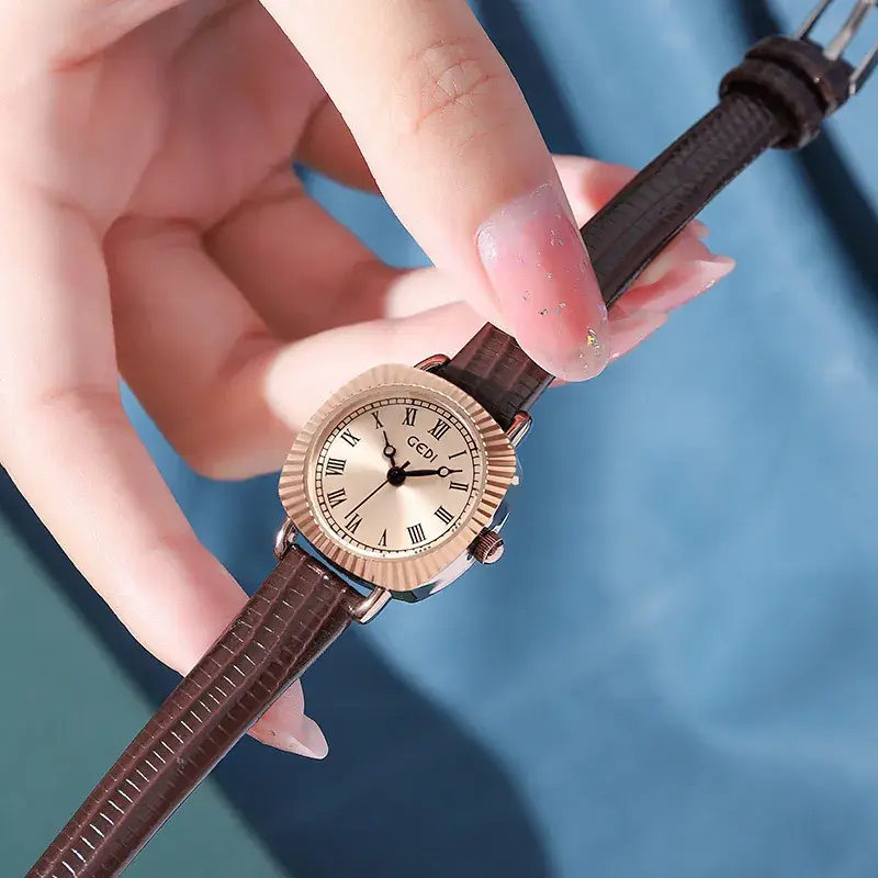 Gold Rose Gold Women's Quartz Watch with Brown Leather Strap - Image 9