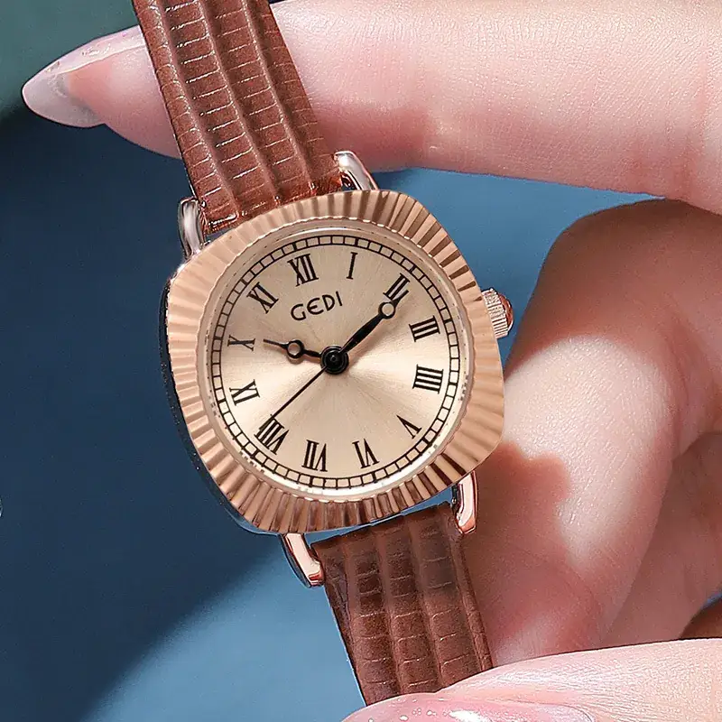 Gold Rose Gold Women's Quartz Watch with Brown Leather Strap - Image 10