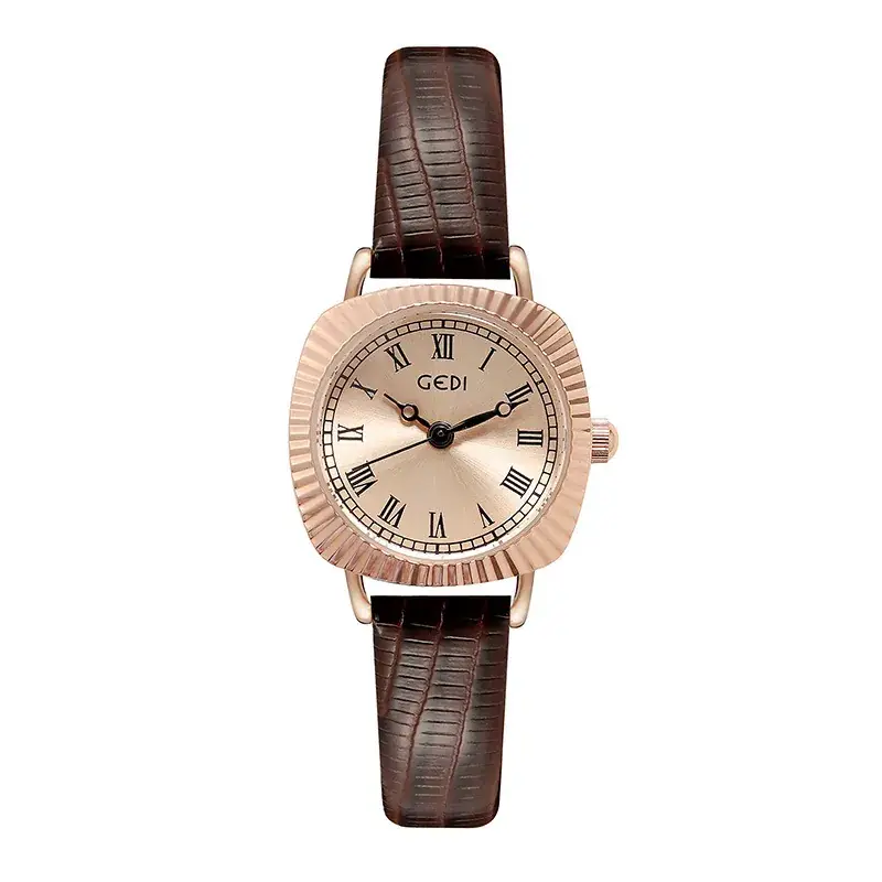 Gold Rose Gold Women's Quartz Watch with Brown Leather Strap - Image 11