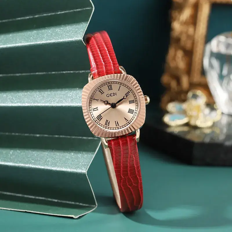 Gold Rose Gold Women's Quartz Watch with Brown Leather Strap - Image 2