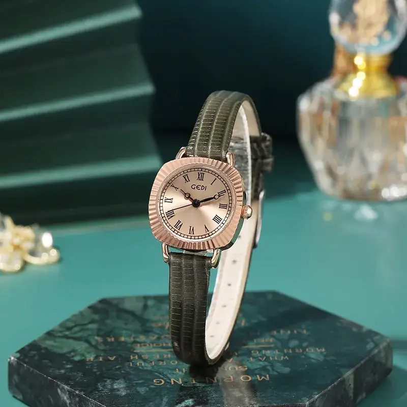 Gold Rose Gold Women's Quartz Watch with Brown Leather Strap - Image 3