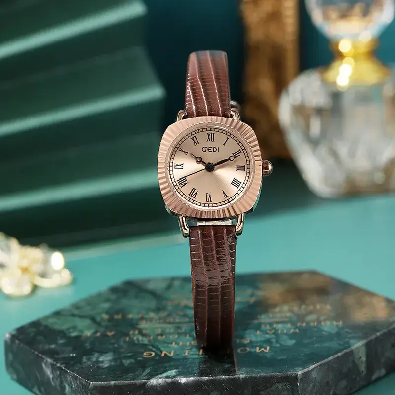 Gold Rose Gold Women's Quartz Watch with Brown Leather Strap - Image 5