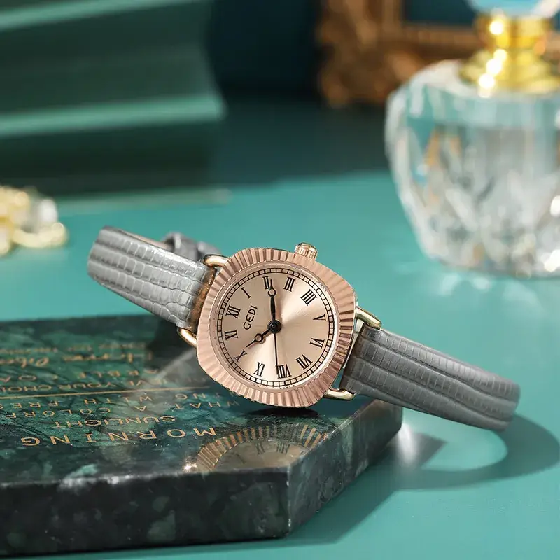 Gold Rose Gold Women's Quartz Watch with Brown Leather Strap - Image 6