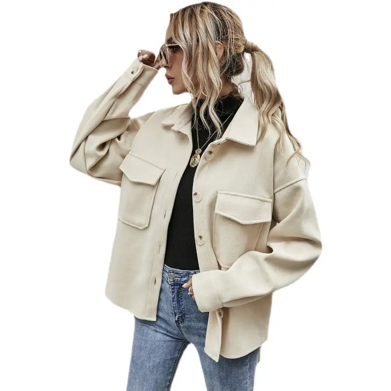 Women Woolen Lapel Shirt Coat Beige 2021 Winter - Image 9