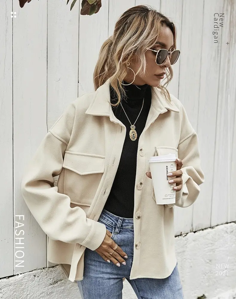 Women Woolen Lapel Shirt Coat Beige 2021 Winter — feature 1