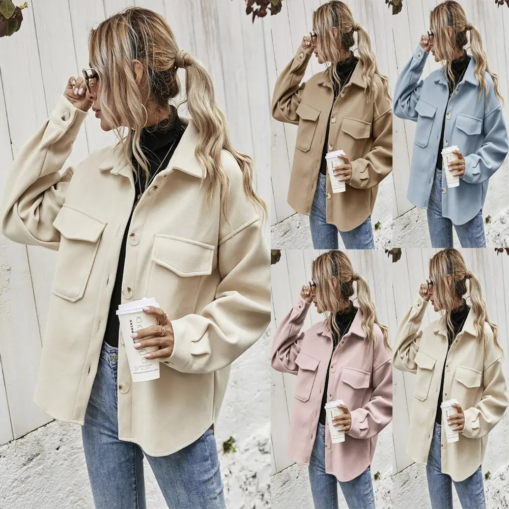 Women Woolen Lapel Shirt Coat Beige 2021 Winter — feature 11