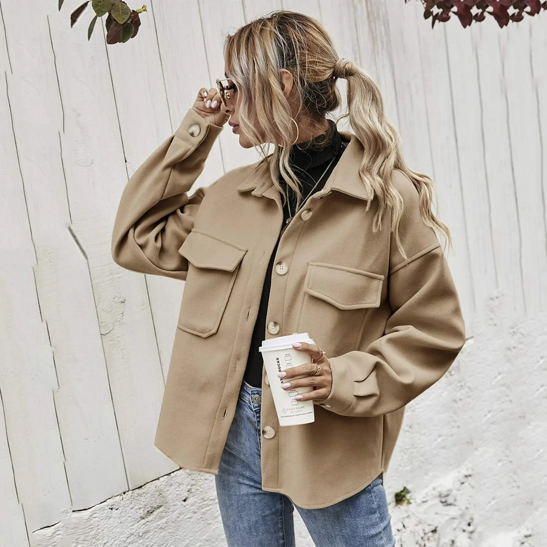 Women Woolen Lapel Shirt Coat Beige 2021 Winter — feature 12