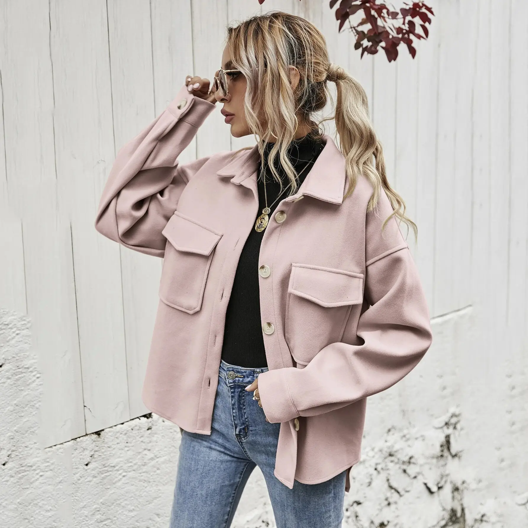 Women Woolen Lapel Shirt Coat Beige 2021 Winter — feature 13