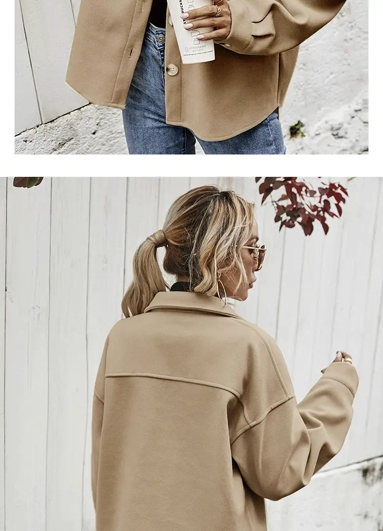 Women Woolen Lapel Shirt Coat Beige 2021 Winter — feature 5