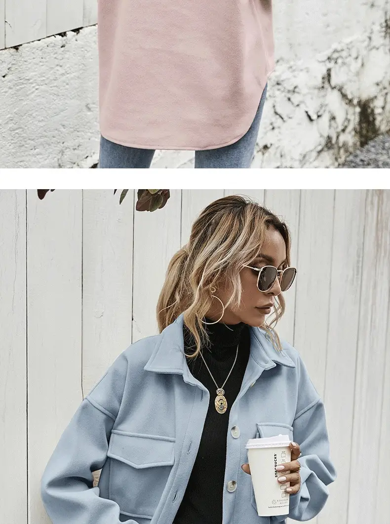 Women Woolen Lapel Shirt Coat Beige 2021 Winter — feature 9