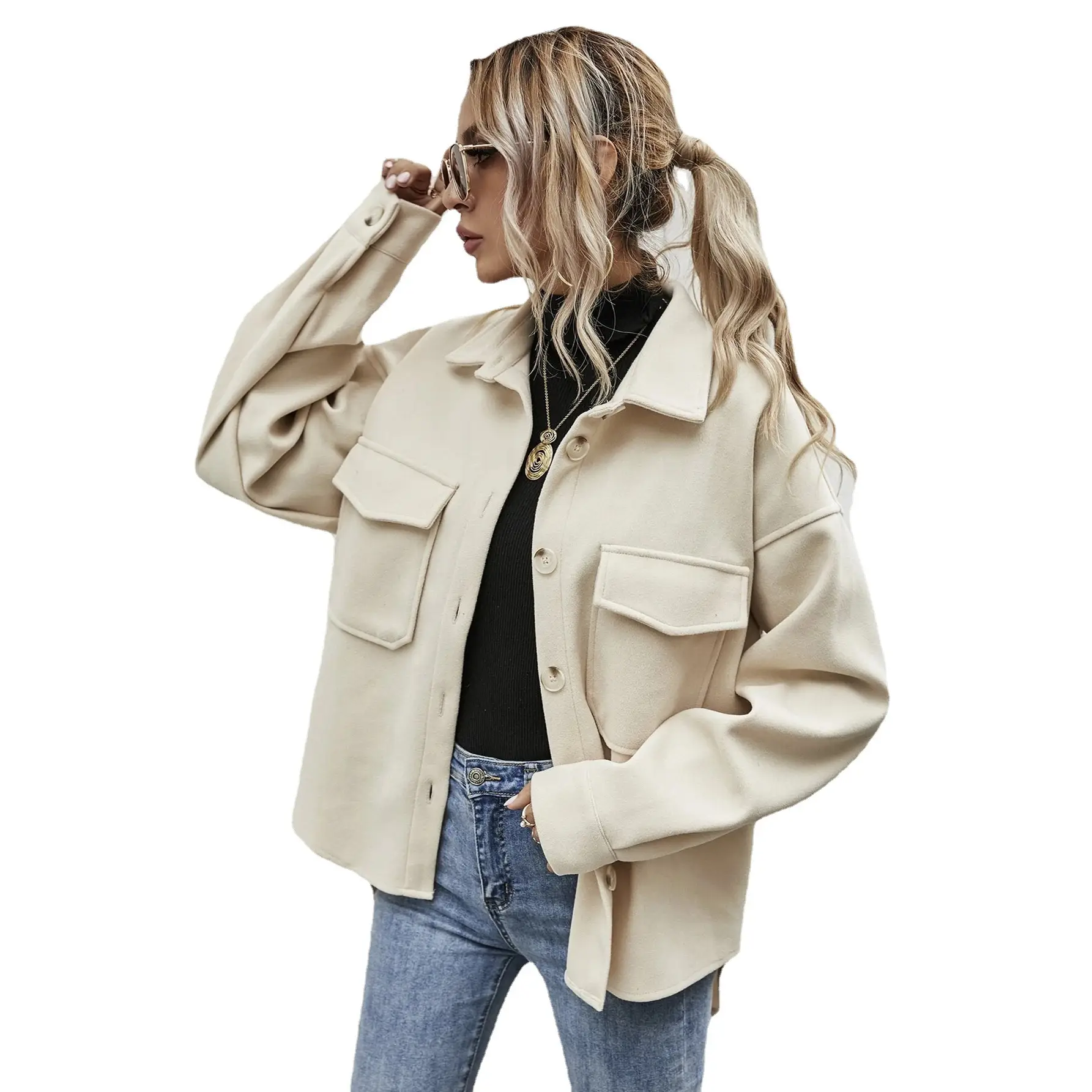 Women Woolen Lapel Shirt Coat Beige 2021 Winter - Image 3