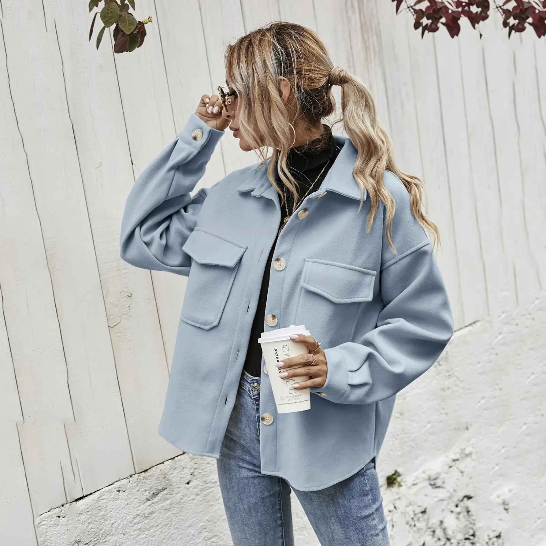 Women Woolen Lapel Shirt Coat Beige 2021 Winter - Image 4