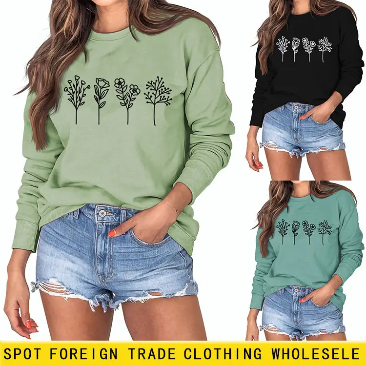 Women's Grey 4-Flower Printed Sweatshirt Long Sleeve Winter Casual - Image 17