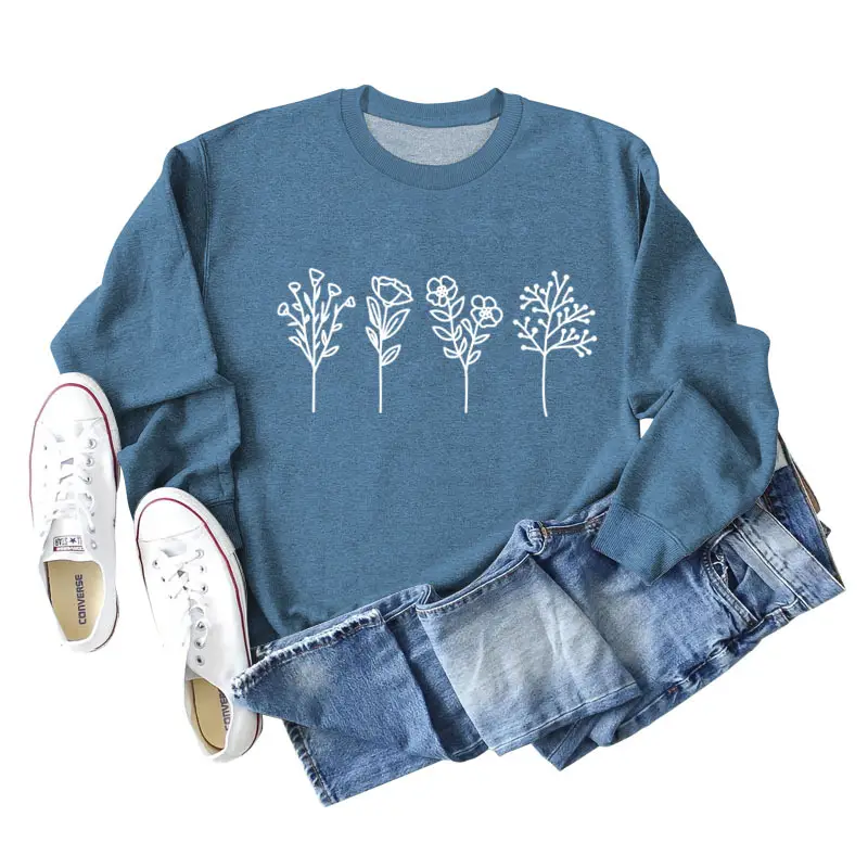 Women's Grey 4-Flower Printed Sweatshirt Long Sleeve Winter Casual - Image 13