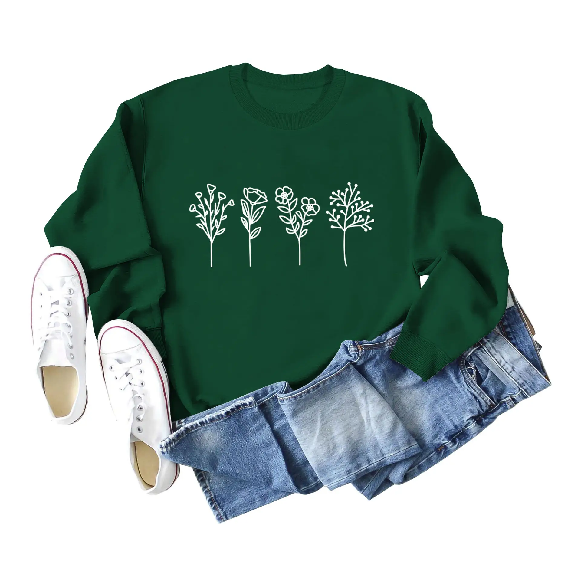 Women's Grey 4-Flower Printed Sweatshirt Long Sleeve Winter Casual - Image 16