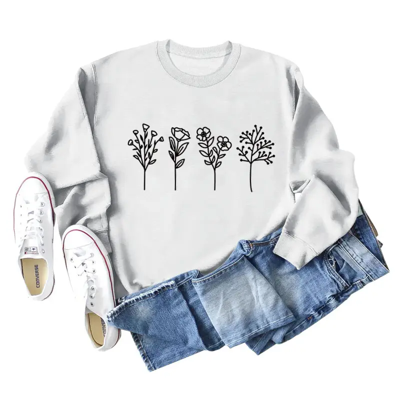 Women's Grey 4-Flower Printed Sweatshirt Long Sleeve Winter Casual - Image 3
