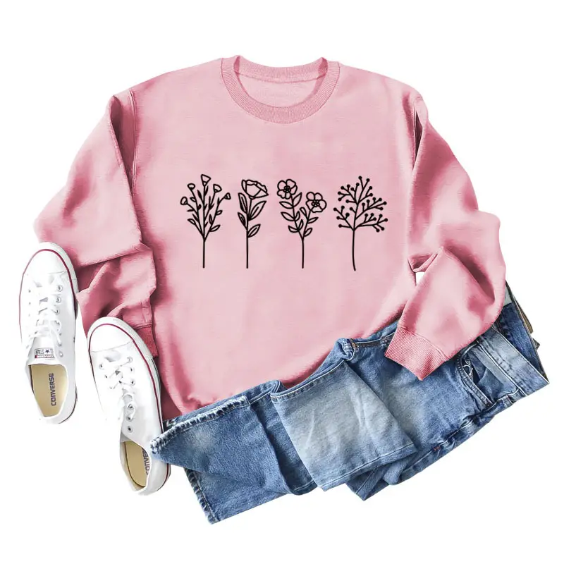 Women's Grey 4-Flower Printed Sweatshirt Long Sleeve Winter Casual - Image 4