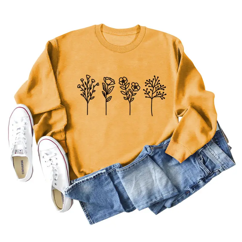 Women's Grey 4-Flower Printed Sweatshirt Long Sleeve Winter Casual - Image 5