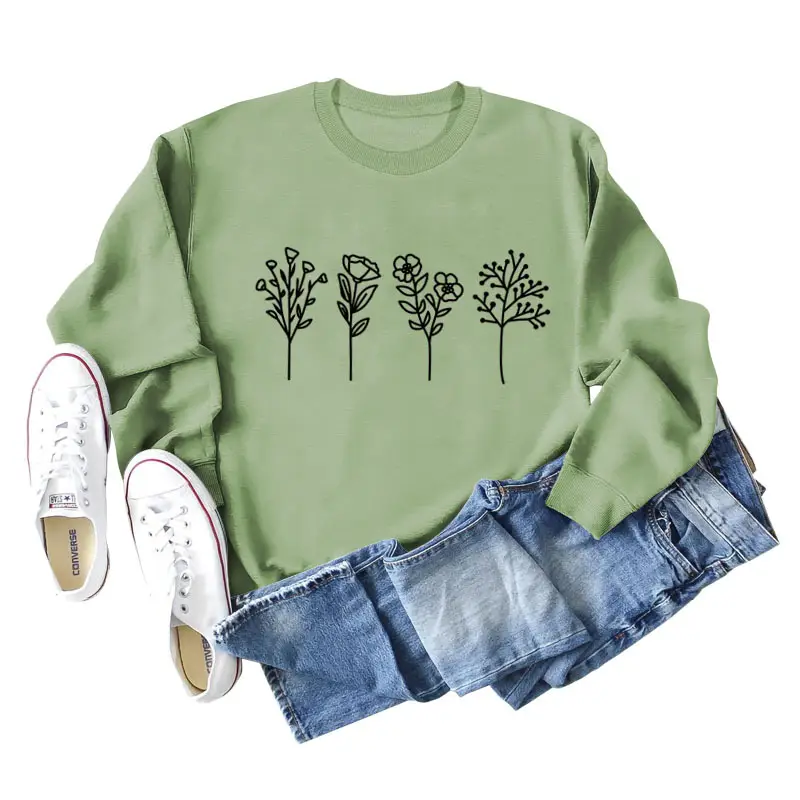 Women's Grey 4-Flower Printed Sweatshirt Long Sleeve Winter Casual - Image 8