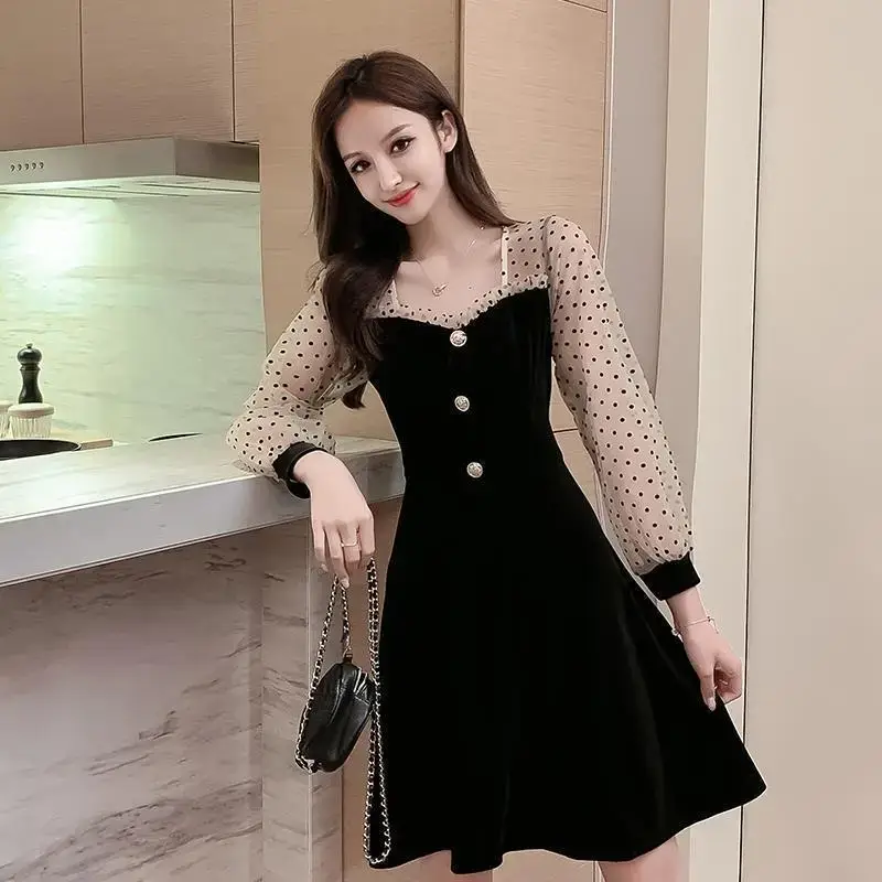 Black Velvet Long Sleeve Dress for Women 2024 - Image 5