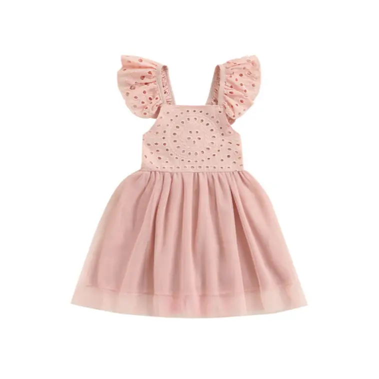 Girls' Pink & White Hollow Skirt Dress with Flying Sleeve