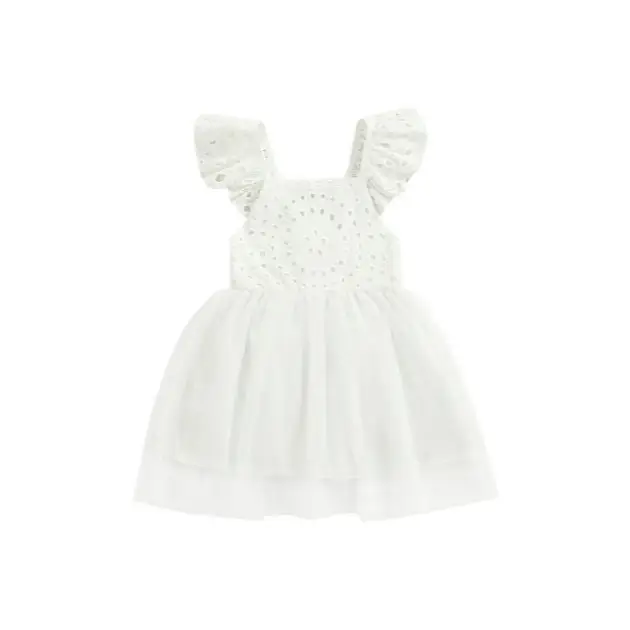 Girls' Pink & White Hollow Skirt Dress with Flying Sleeve