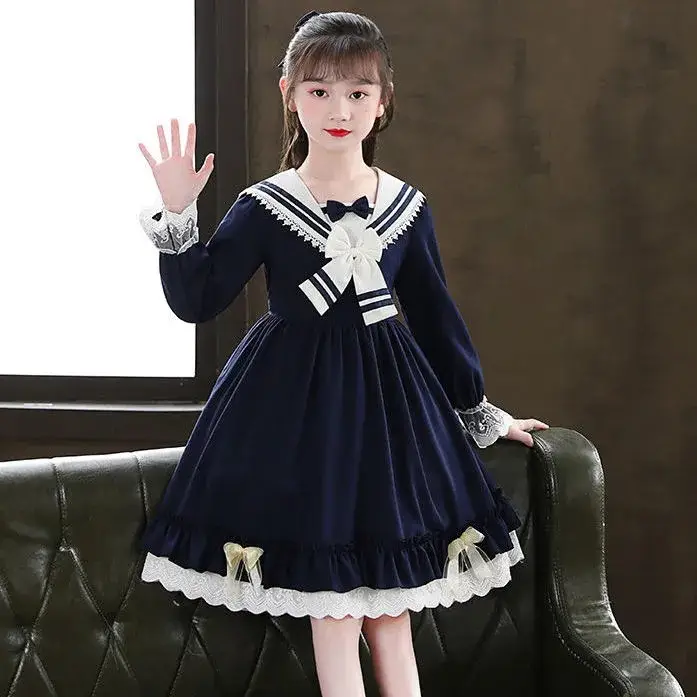 Girls Princess Dress Navy Blue Long Sleeve Lolita Style - Image 3