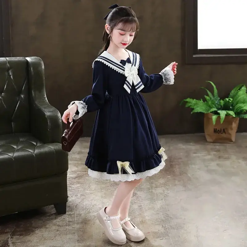 Girls Princess Dress Navy Blue Long Sleeve Lolita Style - Image 4