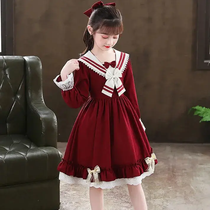 Girls Princess Dress Navy Blue Long Sleeve Lolita Style - Image 5