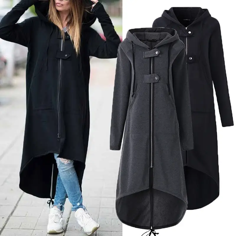 Black Fleece Hooded Windbreaker Long Coat S-5XL Women - Image 2
