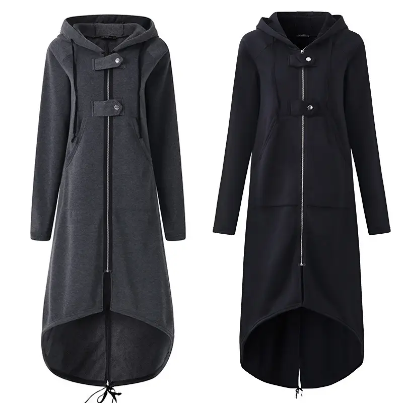 Black Fleece Hooded Windbreaker Long Coat S-5XL Women — feature 3