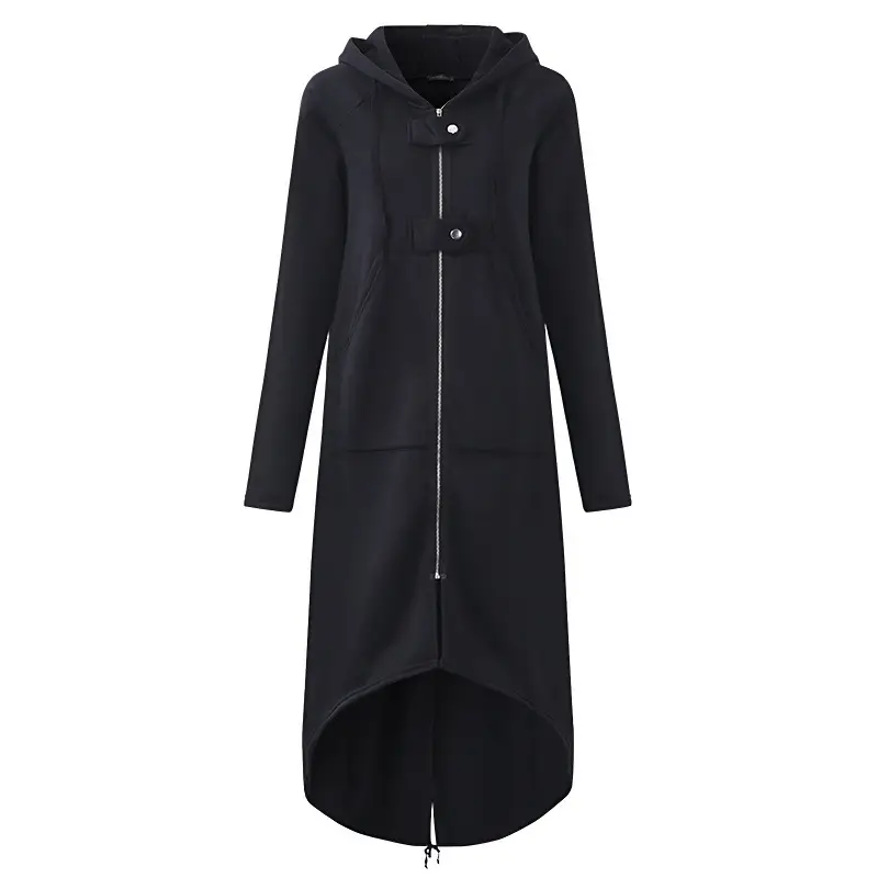 Black Fleece Hooded Windbreaker Long Coat S-5XL Women — feature 4