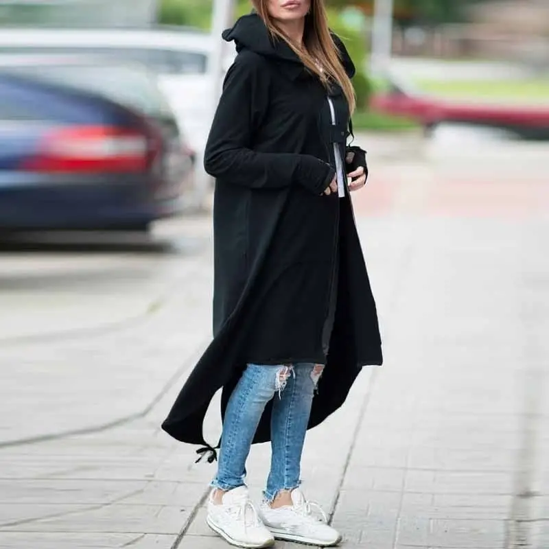 Black Fleece Hooded Windbreaker Long Coat S-5XL Women — feature 6
