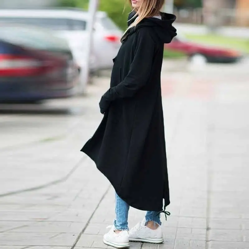Black Fleece Hooded Windbreaker Long Coat S-5XL Women — feature 8