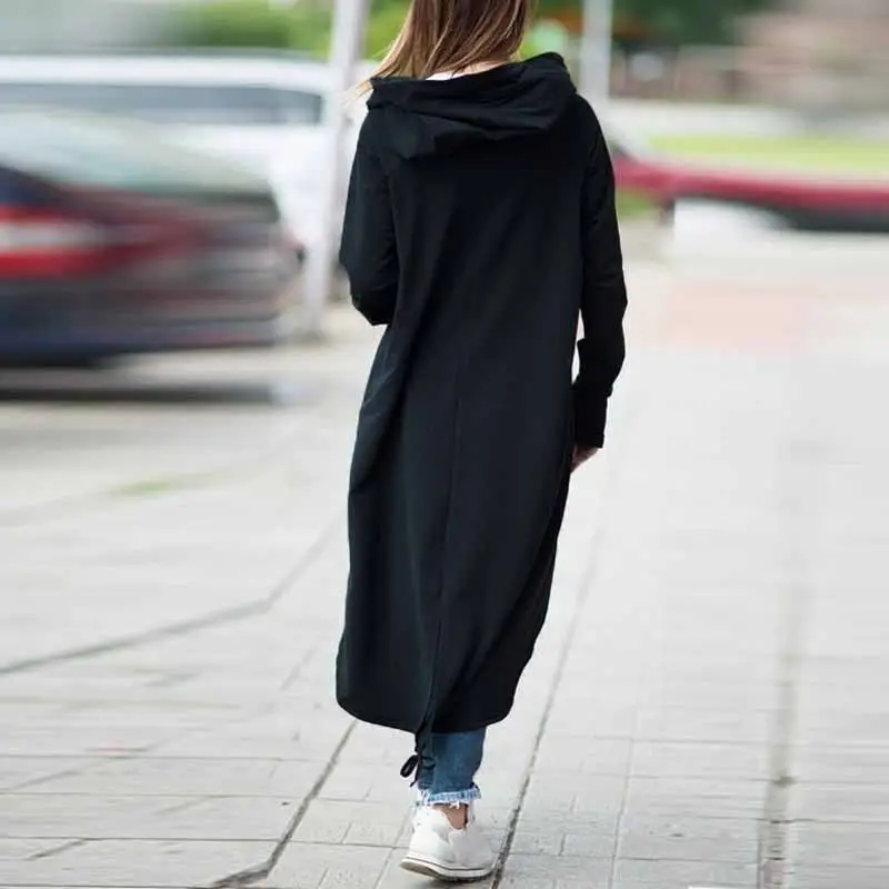 Black Fleece Hooded Windbreaker Long Coat S-5XL Women — feature 9