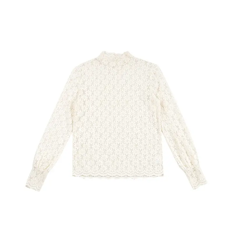 Women Velvet Lace Half Collar Top with Long Sleeves