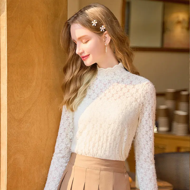 Women Velvet Lace Half Collar Top with Long Sleeves