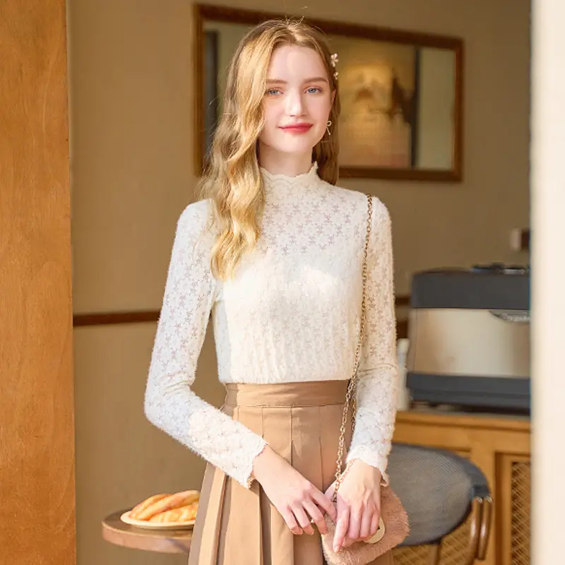 Women Velvet Lace Half Collar Top with Long Sleeves