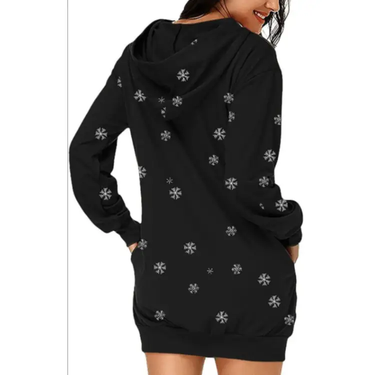 Black Floral Long Sleeve Hooded Dress for Women - Image 6